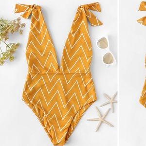 NWT Chevron Self Tie Plunging One Piece Swimsuit
